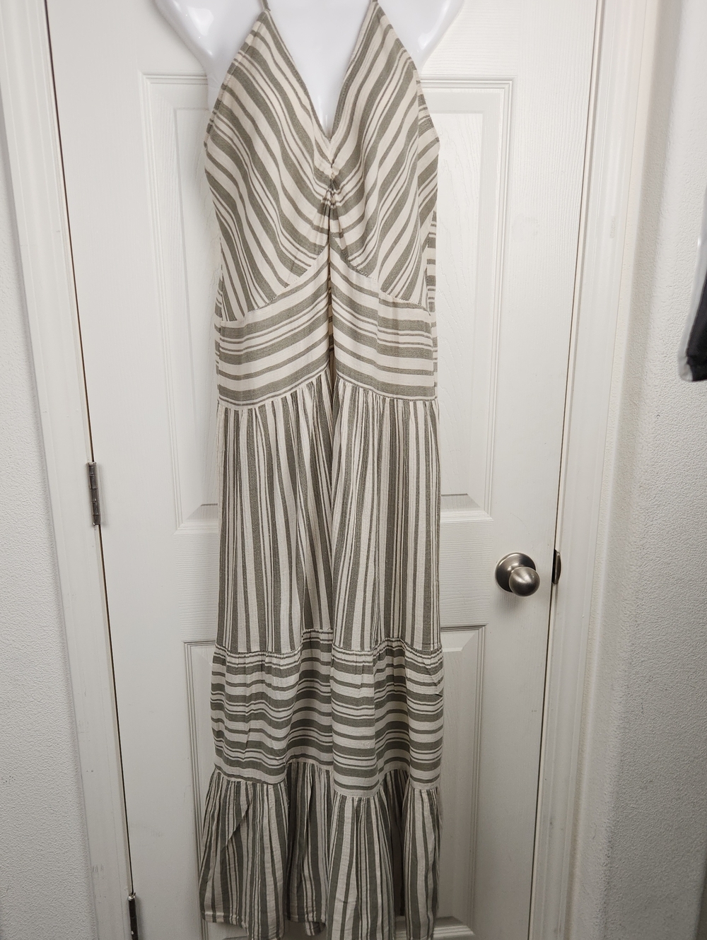 Cost Plus World Market Boho Beige and White Striped Halter Maxi Dress